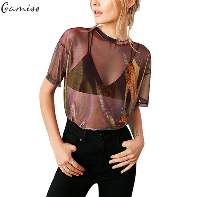 Gamiss 2017 Women Sexy Shimmer Mesh Tee See-Through Women T-Shirts Short Sleeve Perspective Shine Casual Tops Vintage Blusa