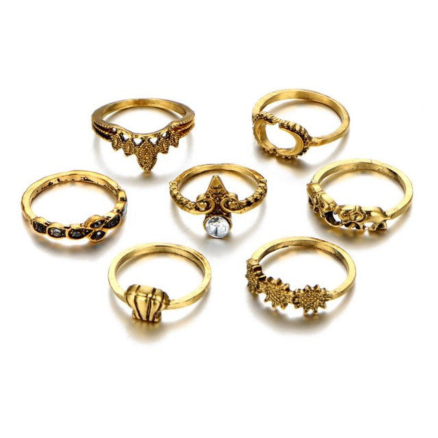 Vintage 7 pcs Bohemian Beach Opal Ring Set Ethnic Antique Silver Color Water Drop Midi Finger Boho Rings Set Charm Anell #45