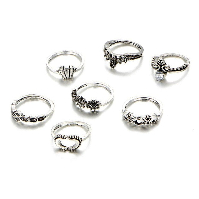 Vintage 7 pcs Bohemian Beach Opal Ring Set Ethnic Antique Silver Color Water Drop Midi Finger Boho Rings Set Charm Anell #45