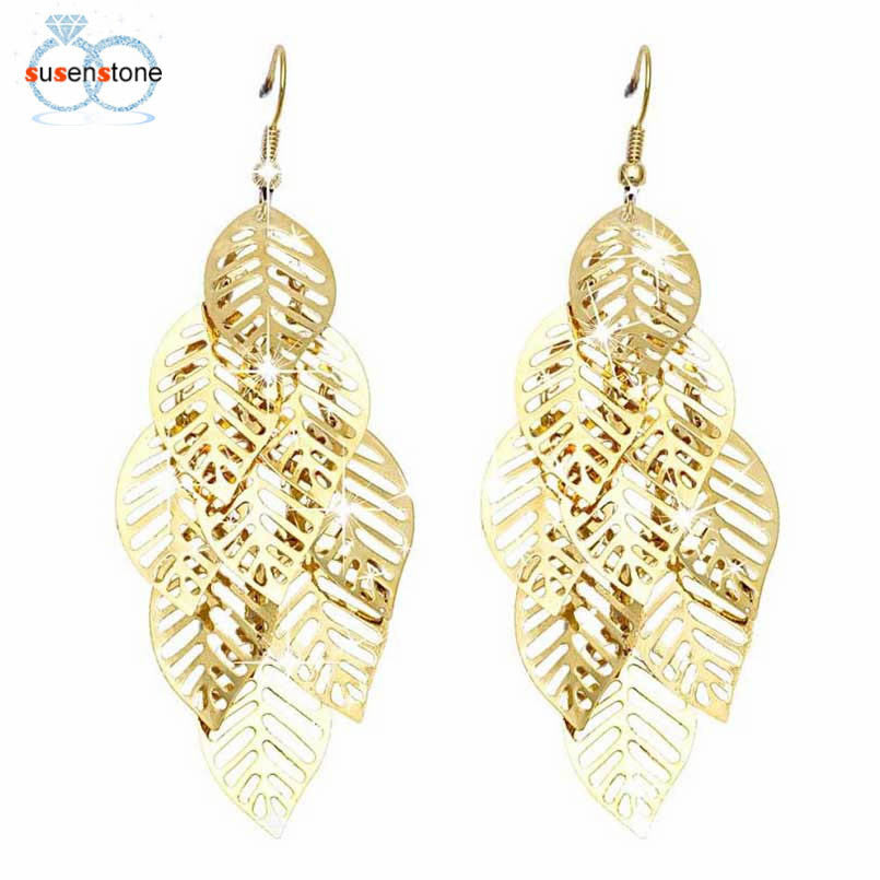 SUSENSTONE Vintage Retro Bohemian Tassel Leaf Earrings