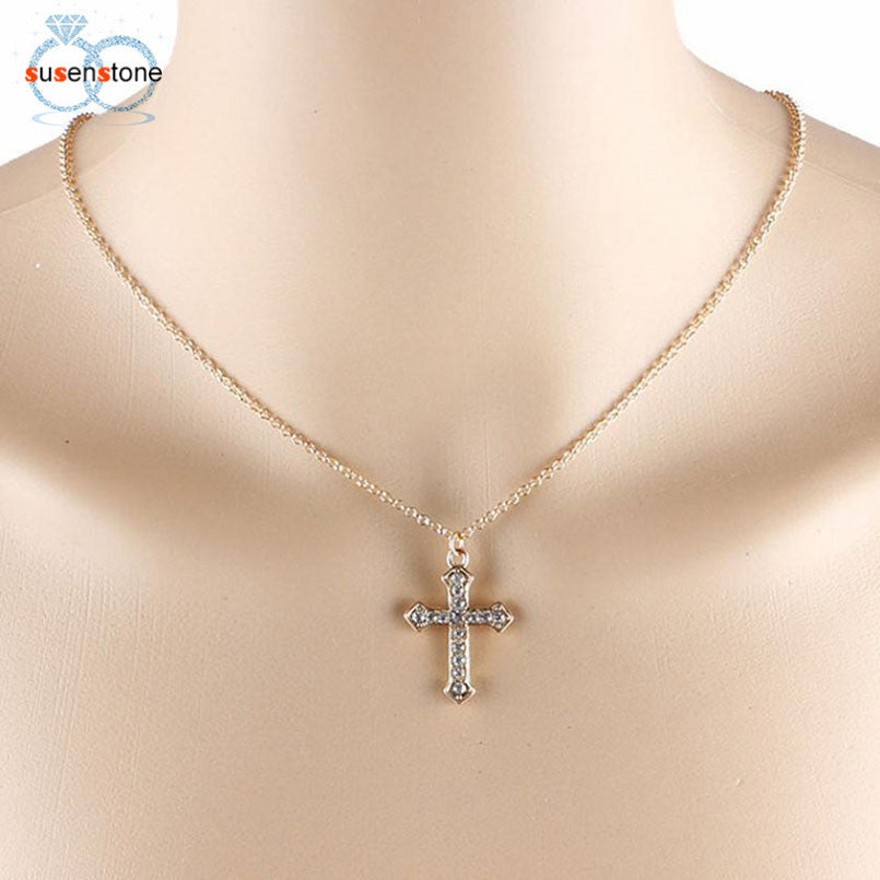 SUSENSTONE Women Girl Rhinestone Cross Pendant Alloy Necklace Clavicle Chain