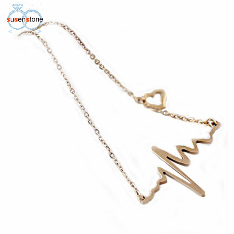 SUSENSTONE New Women EKG Necklace Heartbeat Rhythm with Love Heart Shaped