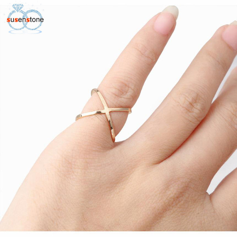 SUSENSTONE Fashion Cross Joint Stereo Surround Ring Hollow