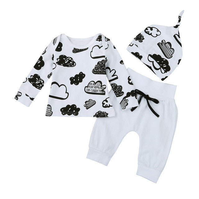 Fashion Toddler Tops Baby Boy Clouds Print Long Pants Baby Girl Hat Clothes Kids Autumn Outfits Cute Infant 3pcs Pajamas Set