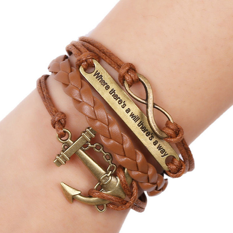 Women Men Rudder Anchor Multilayer Knit Leather Chain Charms Bracelet Gift