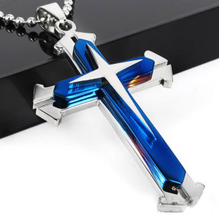 Unisex Men Stainless Steel Cross Pendant Necklace Chain Black+Silver