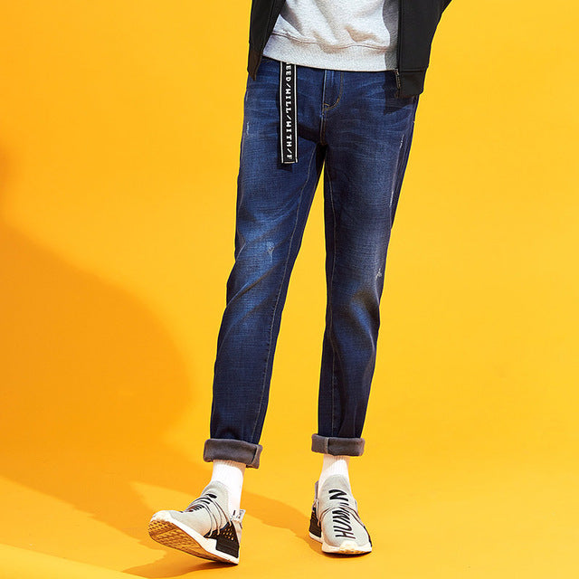 Pioneer Camp winter warm fleece jeans men brand-clothing straight dark blue thicken denim pants male quality trousers ANZ710004