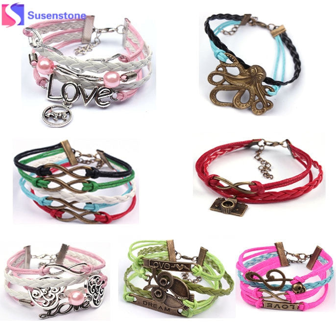 SUSENSTONE New Arrival 2016 Fashion Pierced Love Friendship Leather Charm Bracelet Design Bracelets For Women