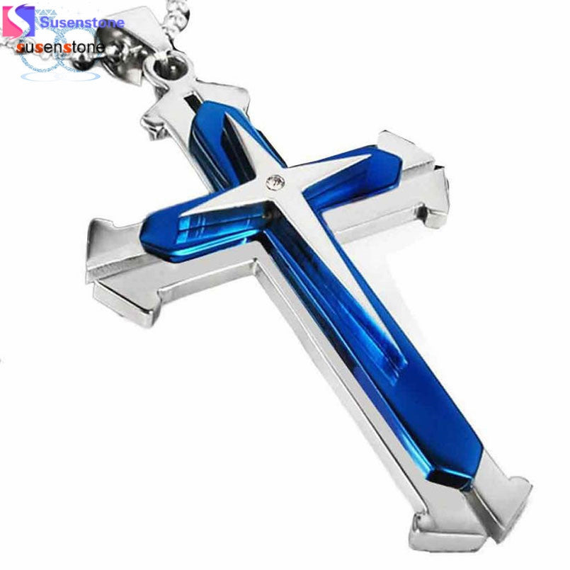SUSENSTONE Unisex Men Stainless Steel Cross Pendant Necklace Chain