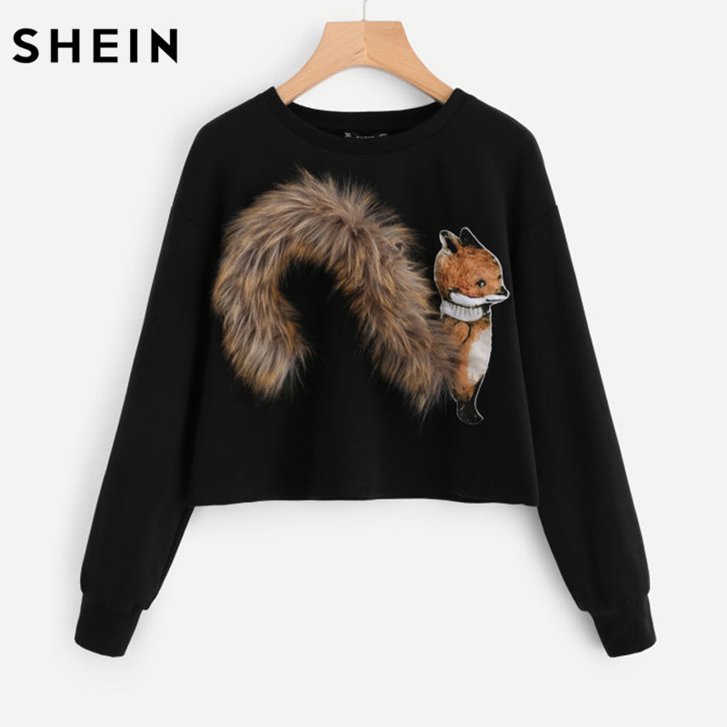 SHEIN Faux Fur Fox Patch Sweatshirt Pullover Women Black Long Sleeve Round Neck Casual Fall 2017 Women Sweatshirt