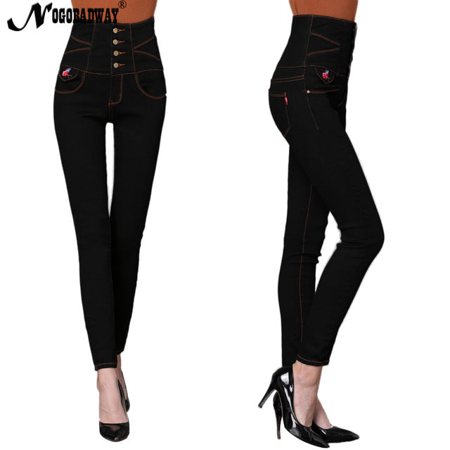 Plus size high waist skinny jeans woman denim pants slim pencil trousers for women winter black white jeans new american apparel