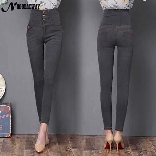 Plus size high waist skinny jeans woman denim pants slim pencil trousers for women winter black white jeans new american apparel