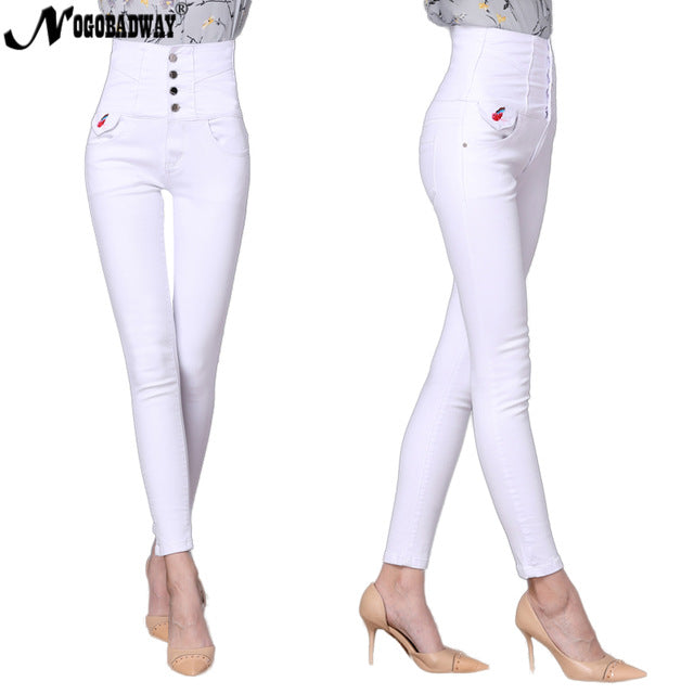 Plus size high waist skinny jeans woman denim pants slim pencil trousers for women winter black white jeans new american apparel