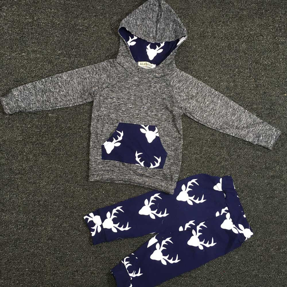 1Set Toddler Kids Baby Boy Girl Clothes Deer Hooded Tops Jacket +Pants Outfits