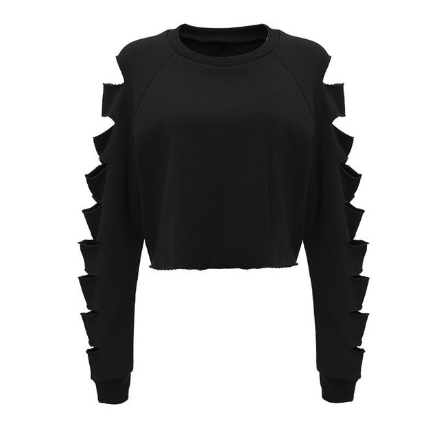 Newest 2018 Autumn Women Hoodies Sexy Sweatshirts Casual Loose O Neck Long Sleeve Tops Ripped Hollow Out Solid Short Pullovers