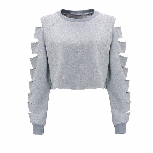 Newest 2018 Autumn Women Hoodies Sexy Sweatshirts Casual Loose O Neck Long Sleeve Tops Ripped Hollow Out Solid Short Pullovers