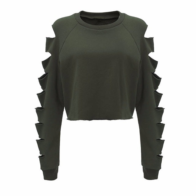 Newest 2018 Autumn Women Hoodies Sexy Sweatshirts Casual Loose O Neck Long Sleeve Tops Ripped Hollow Out Solid Short Pullovers