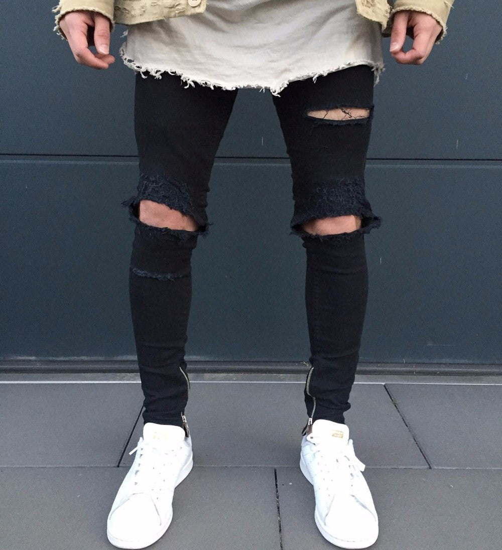 Mens Ripped Slim Fit Motorcycle Vintage Denim Jeans Hiphop Streetwear Pants