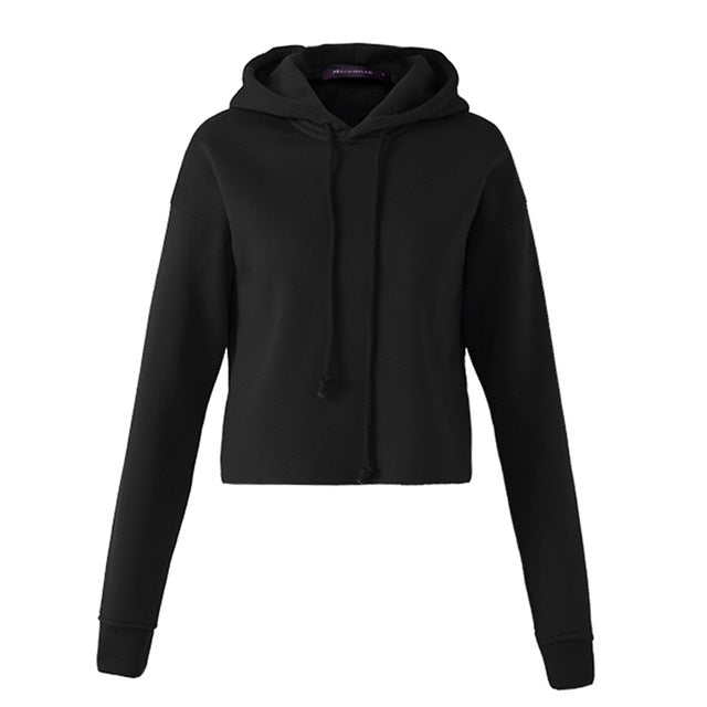 Women Casual Hooded Short Sweatshirt Long Sleeve Loose Black Gray Pullover Cropped Sweatshirt Ladies Autumn Tops Sudaderas