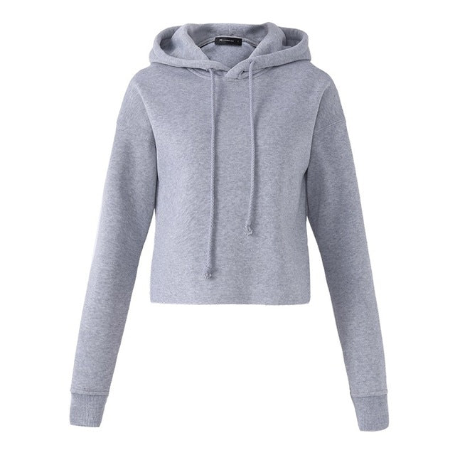 Women Casual Hooded Short Sweatshirt Long Sleeve Loose Black Gray Pullover Cropped Sweatshirt Ladies Autumn Tops Sudaderas