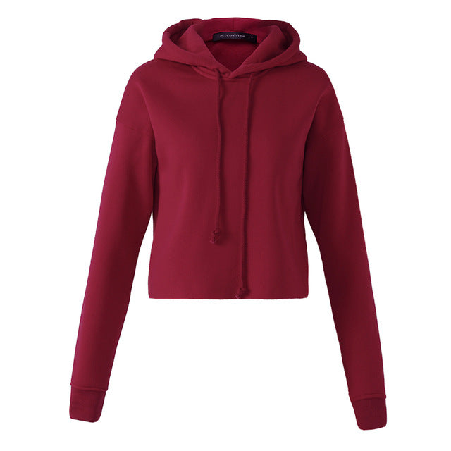 Women Casual Hooded Short Sweatshirt Long Sleeve Loose Black Gray Pullover Cropped Sweatshirt Ladies Autumn Tops Sudaderas