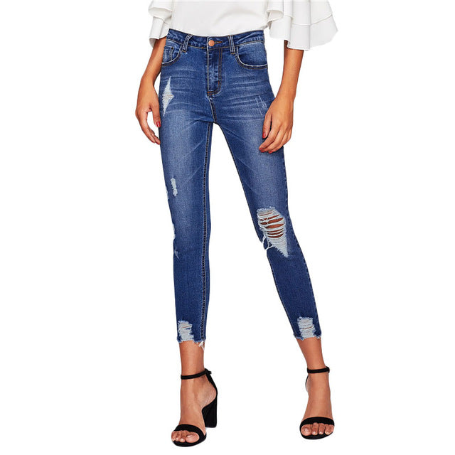 Sheinside Blue Bleach Wash Distressed Rock Denim Jeans Women Casual High Waist Button Fly Ripped Pants 2018 Skinny Jeans