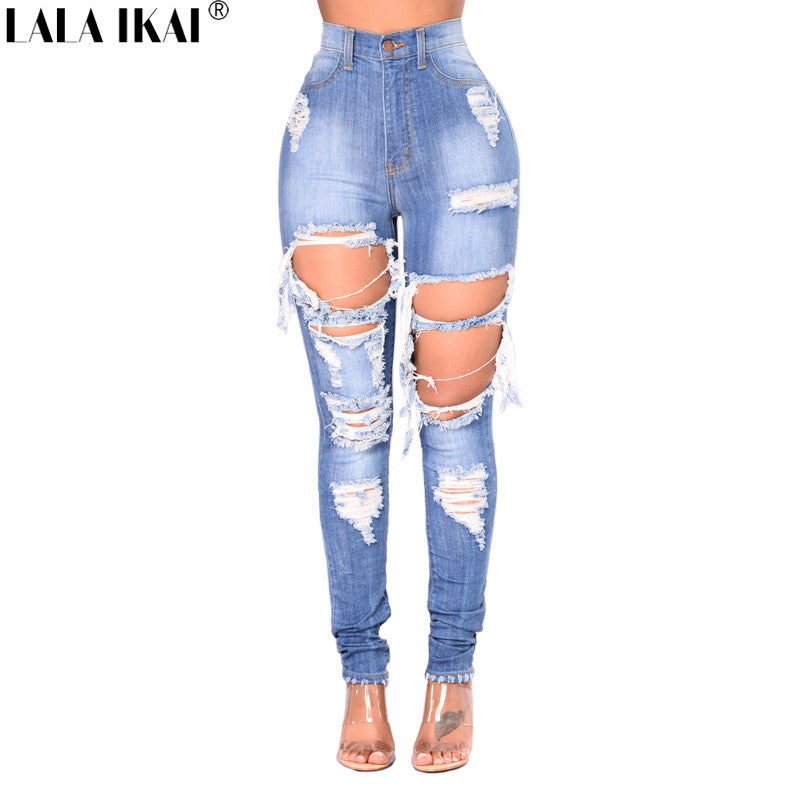 LALA IKAI Ripped Jeans For Women Blue Hole Plus Size Mom Jeans American Apparel Ladies Destroyed  Skinny Jeans Femme KWA0490-5