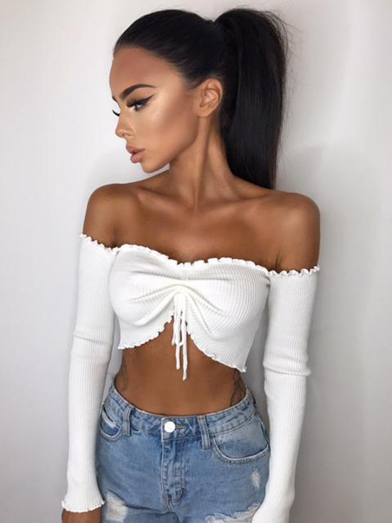 Women T-Shirts Off Shoulder Ladies Clothing Ruffles Jumper Long Sleeve Crop Tops Women Sexy Clothes T-Shirts