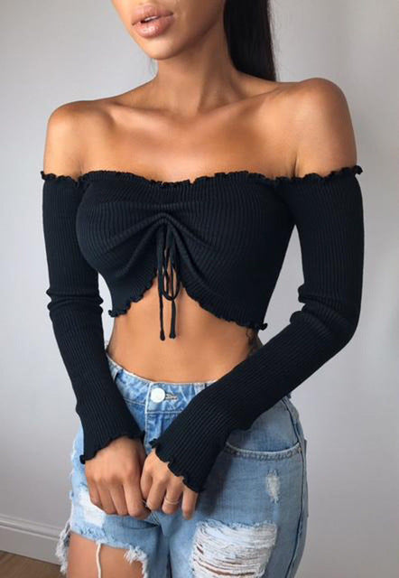 Women T-Shirts Off Shoulder Ladies Clothing Ruffles Jumper Long Sleeve Crop Tops Women Sexy Clothes T-Shirts