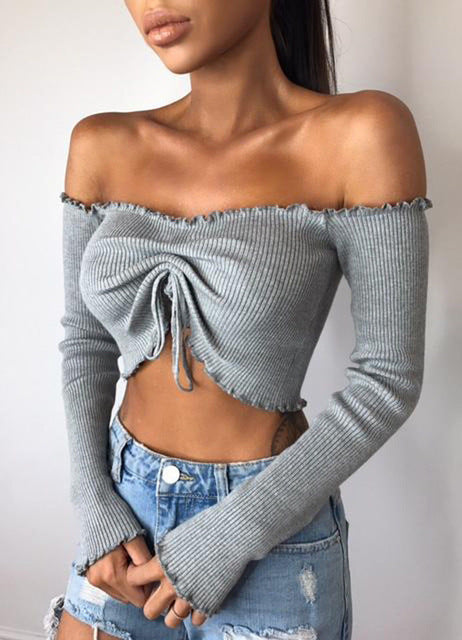 Women T-Shirts Off Shoulder Ladies Clothing Ruffles Jumper Long Sleeve Crop Tops Women Sexy Clothes T-Shirts