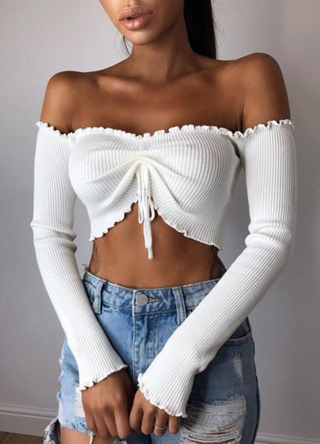 Women T-Shirts Off Shoulder Ladies Clothing Ruffles Jumper Long Sleeve Crop Tops Women Sexy Clothes T-Shirts