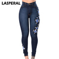 LASPERAL Flower Embroidered Jeans Pant Women Elastic Mom Jean Pencil Denim Pant Female sexy skinny Pantalon Femme bottom trouser
