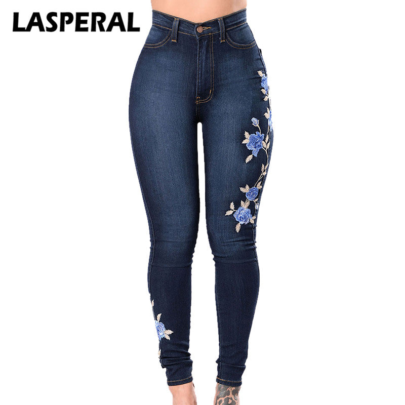 LASPERAL Flower Embroidered Jeans Pant Women Elastic Mom Jean Pencil Denim Pant Female sexy skinny Pantalon Femme bottom trouser