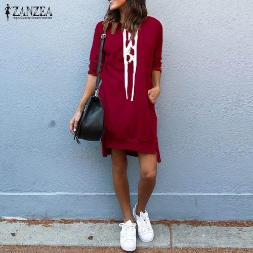 2018 ZANZEA Autumn Women Long Sleeve Lace-up Casual Long Sweatshirt Dress Solid Loose Split Hem Pockets Pullover Vestido
