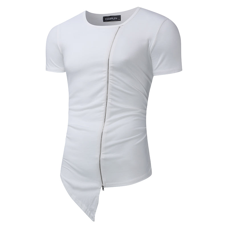 2018 New Brand T shirts Men Fashion Stylish Long Tshirt Asymmetrical Side Zipper Round Neck Short Sleeve T-Shirt Tee Shirt Homme