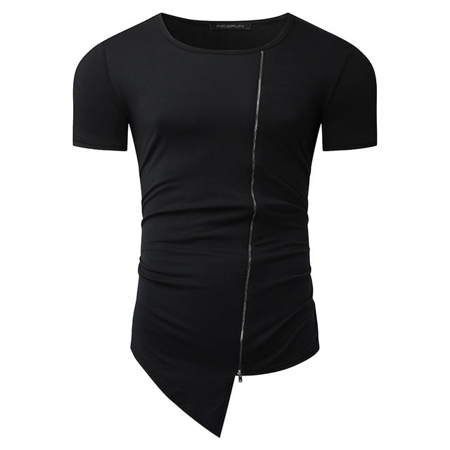 2018 New Brand T shirts Men Fashion Stylish Long Tshirt Asymmetrical Side Zipper Round Neck Short Sleeve T-Shirt Tee Shirt Homme