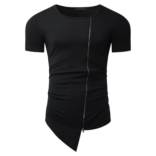 2018 New Brand T shirts Men Fashion Stylish Long Tshirt Asymmetrical Side Zipper Round Neck Short Sleeve T-Shirt Tee Shirt Homme