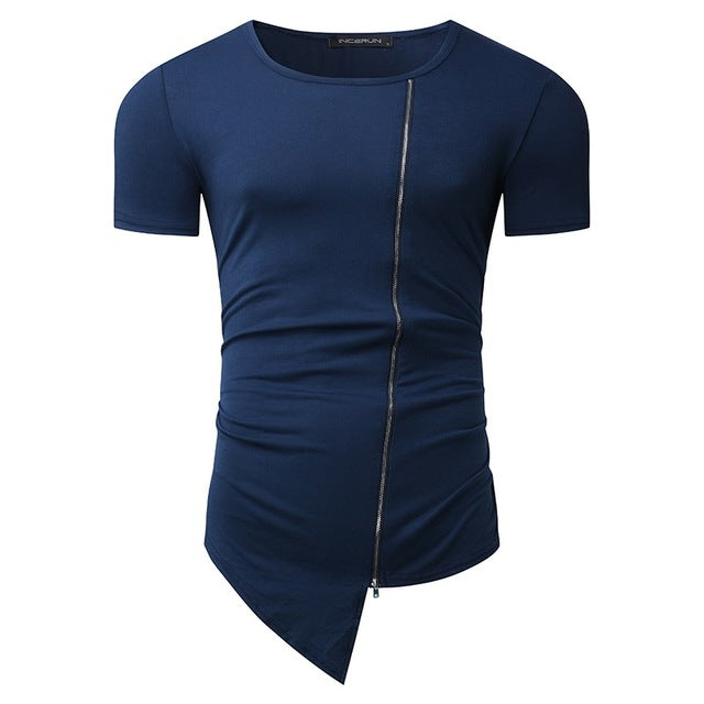 2018 New Brand T shirts Men Fashion Stylish Long Tshirt Asymmetrical Side Zipper Round Neck Short Sleeve T-Shirt Tee Shirt Homme