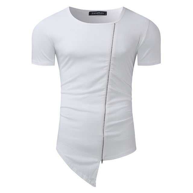 2018 New Brand T shirts Men Fashion Stylish Long Tshirt Asymmetrical Side Zipper Round Neck Short Sleeve T-Shirt Tee Shirt Homme