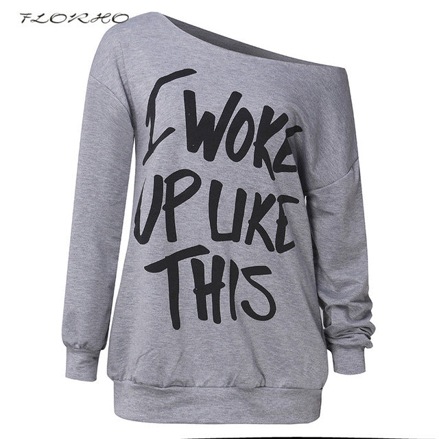 Casual Female Sweatshirt 2018 Off the Shoulder Printed Hoody Top Autumn Winter Loose Plus Size Pullovers Tracksuit Ladies Tops