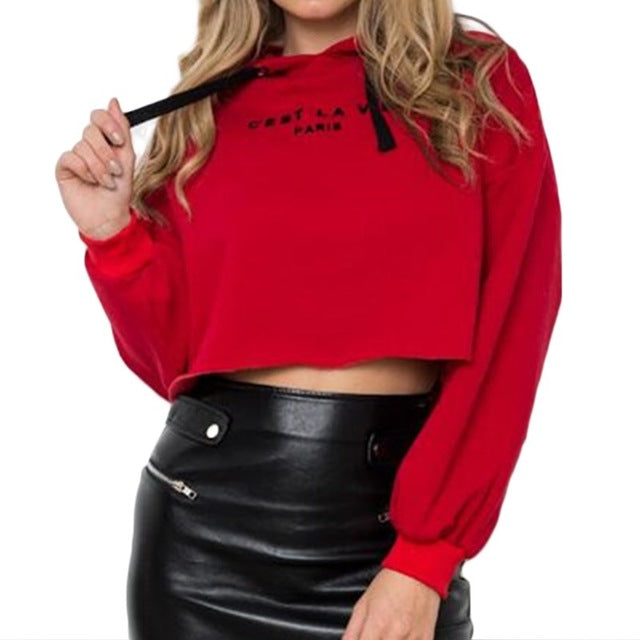 Women Sweatshirt Hoodies Cropped Top Autumn 2018 Streetwear Style Hooded Letter Print Crop Tops Loose Pullover Tracksuit