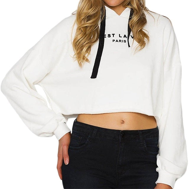 Women Sweatshirt Hoodies Cropped Top Autumn 2018 Streetwear Style Hooded Letter Print Crop Tops Loose Pullover Tracksuit