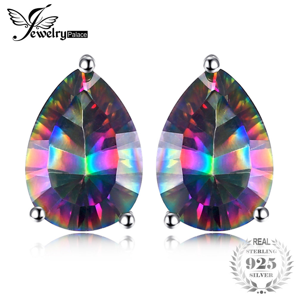 JewelryPalace Pear Concave 4.7ct Genuine Rainbow Fire Mystic Topaz 925 Sterling Silver Stud Earrings For Women Vintage Jewelry