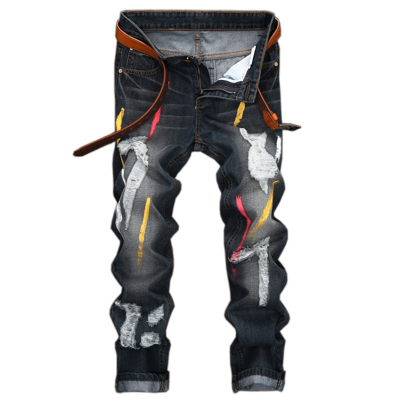 2018 Autumn Hole Retro Straight Men's Jeans Solid Casual Painting Fashion Male Pants Europe and America Style Men's Trousers