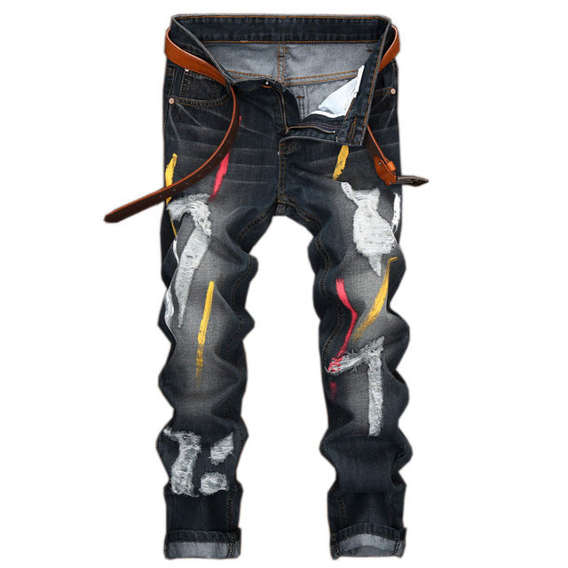 2018 Autumn Hole Retro Straight Men's Jeans Solid Casual Painting Fashion Male Pants Europe and America Style Men's Trousers
