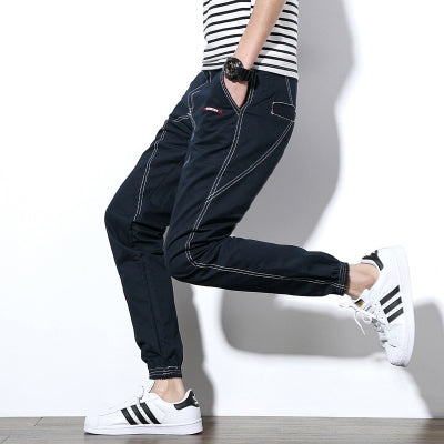 2018 Hot Sale Midweight Stripe Striped Mid Cotton Full Length None Autumn New Korean Trendy Men's Denim Trousers Big Size Male