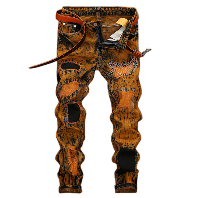 2018 Autumn Fashion Vintage Men's Ripped Jeans Hip Hop Streetwear Destroyed Print Hole Casual Male Trousers  Plus Size 38 40 42