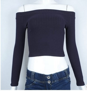 Lossky Women T Shirt Off Shoulder Crop Top For Women Long Sleeve Solid Short T-Shirt Women Slash Neck Cotton t shirt women White