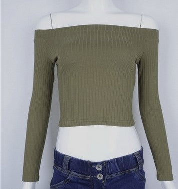 Lossky Women T Shirt Off Shoulder Crop Top For Women Long Sleeve Solid Short T-Shirt Women Slash Neck Cotton t shirt women White