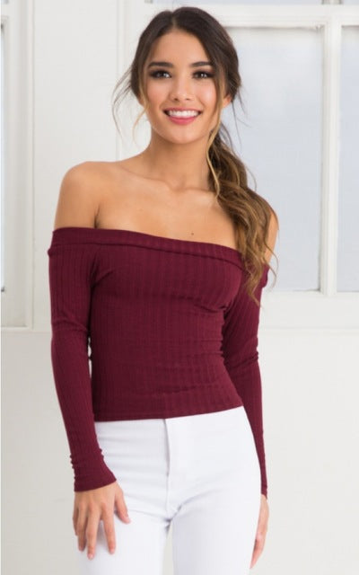 Lossky Women T Shirt Off Shoulder Crop Top For Women Long Sleeve Solid Short T-Shirt Women Slash Neck Cotton t shirt women White